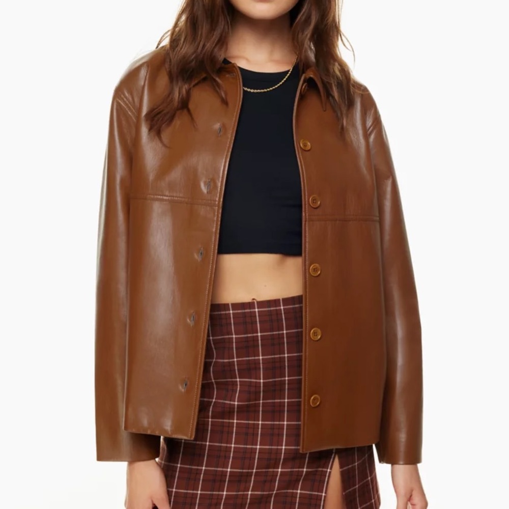 Sunday Best Gabby Vegan Leather Shirt Jacket in Brown
